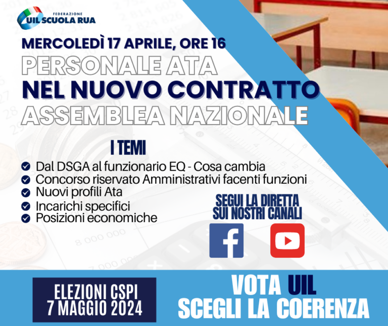 PERSONALE ATA NEL NUOVO CONTRATTO, IL 17 APRILE ASSEMBLEA NAZIONALE IN DIRETTA