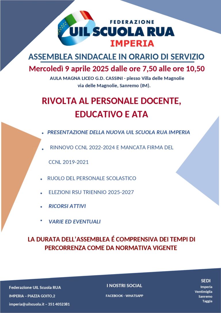 ASSEMBLEA SINDACALE IN ORARIO DI SERVIZIO Mercoledì 9 aprile 2025 7,50 alle ore 10,50